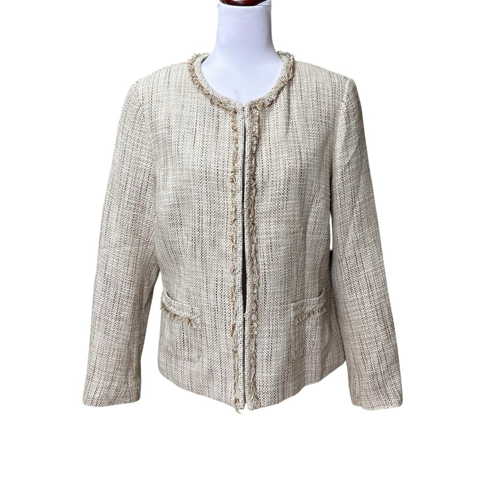 Pendelton Womens Tan Brown Tweed Blazer Hook & Eye 14 Fringe Cotton Blend EUC